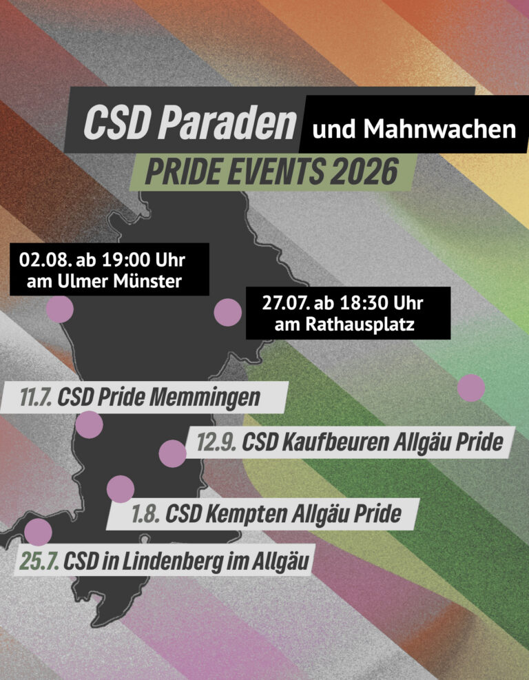 Pride Season 2026 – CSD-Termine und Mahnwachen in Schwaben und im Allgäu (Update!)