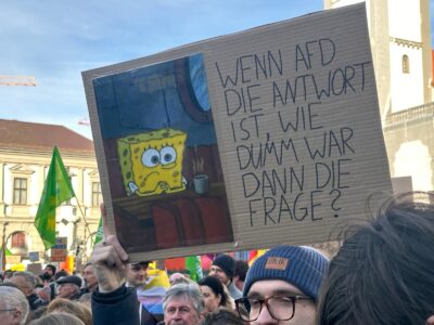 Demonstration, Schild: Wenn AFD die Antwort ist, wie dumm war dann die Frage?